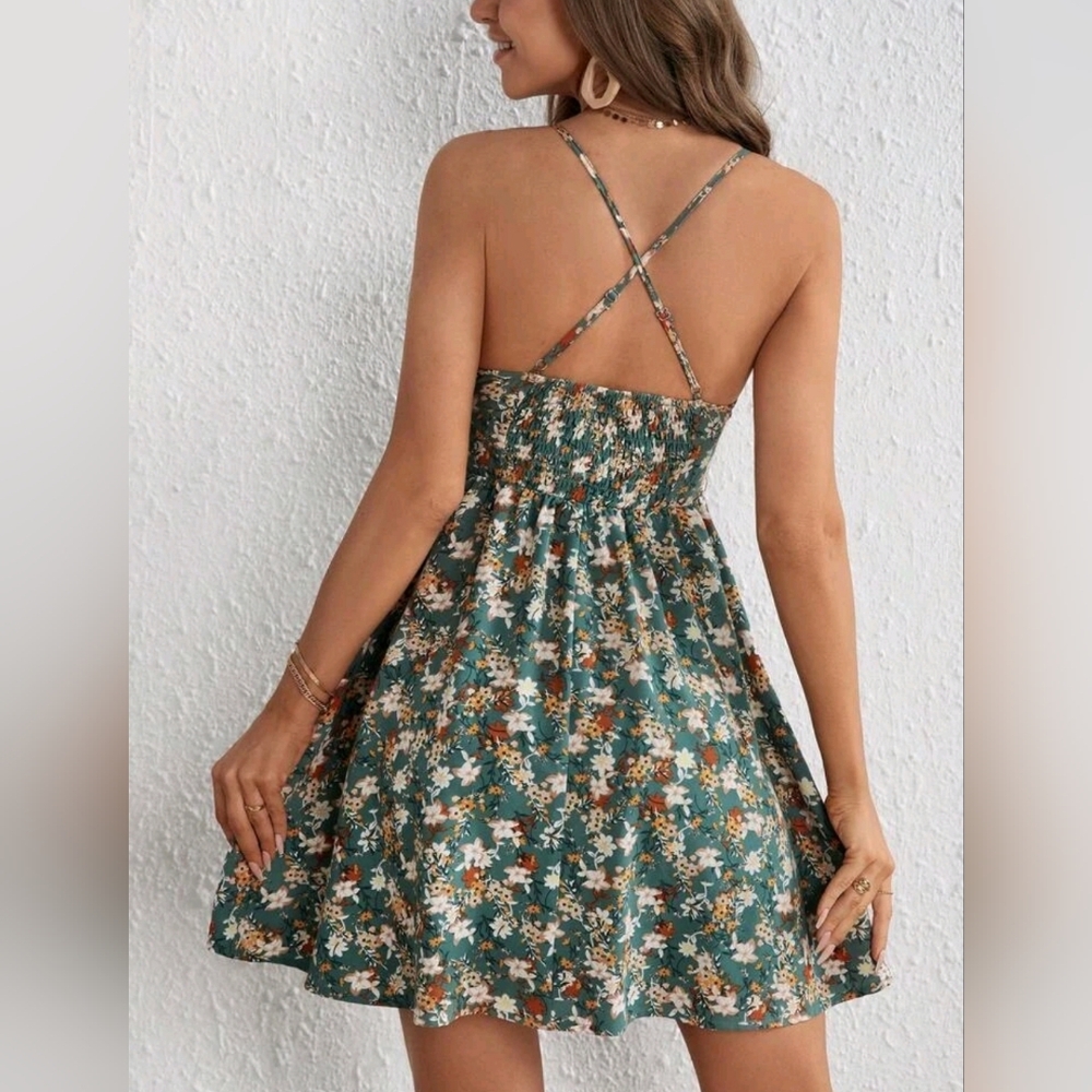 New Flowy Boho Floral Tie Halter Mini Dress Green White Yellow - Picture 4 of 7